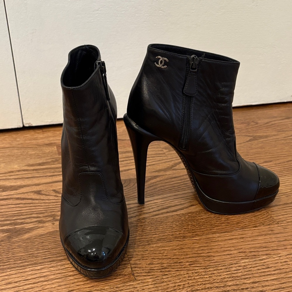 Chanel Black Leather with Patent Toe Ankle Boots